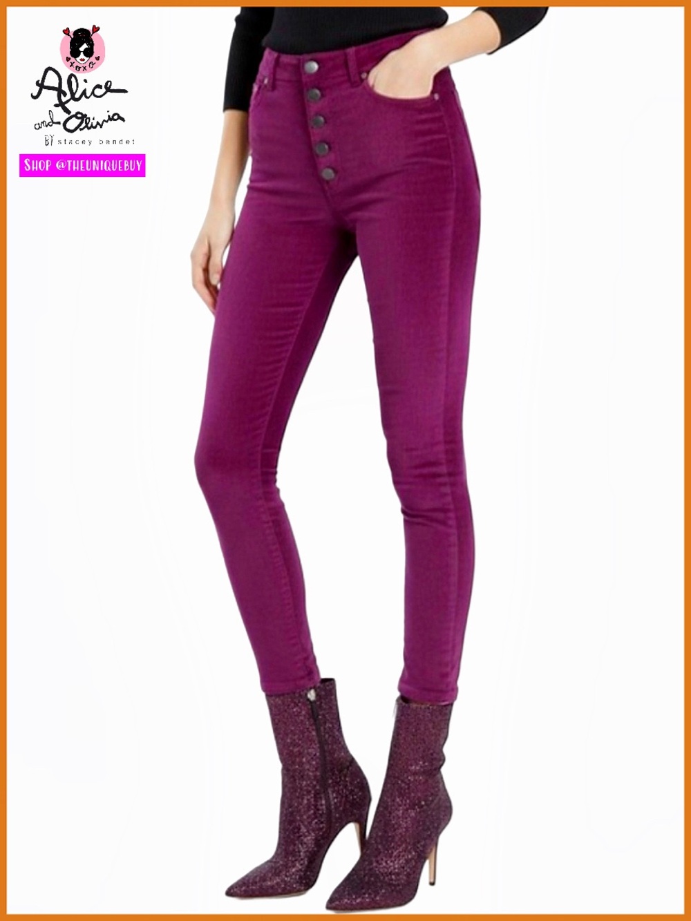 Alice + Olivia Good High Rise Velvet Purple Skinny Slim Jeans Pant